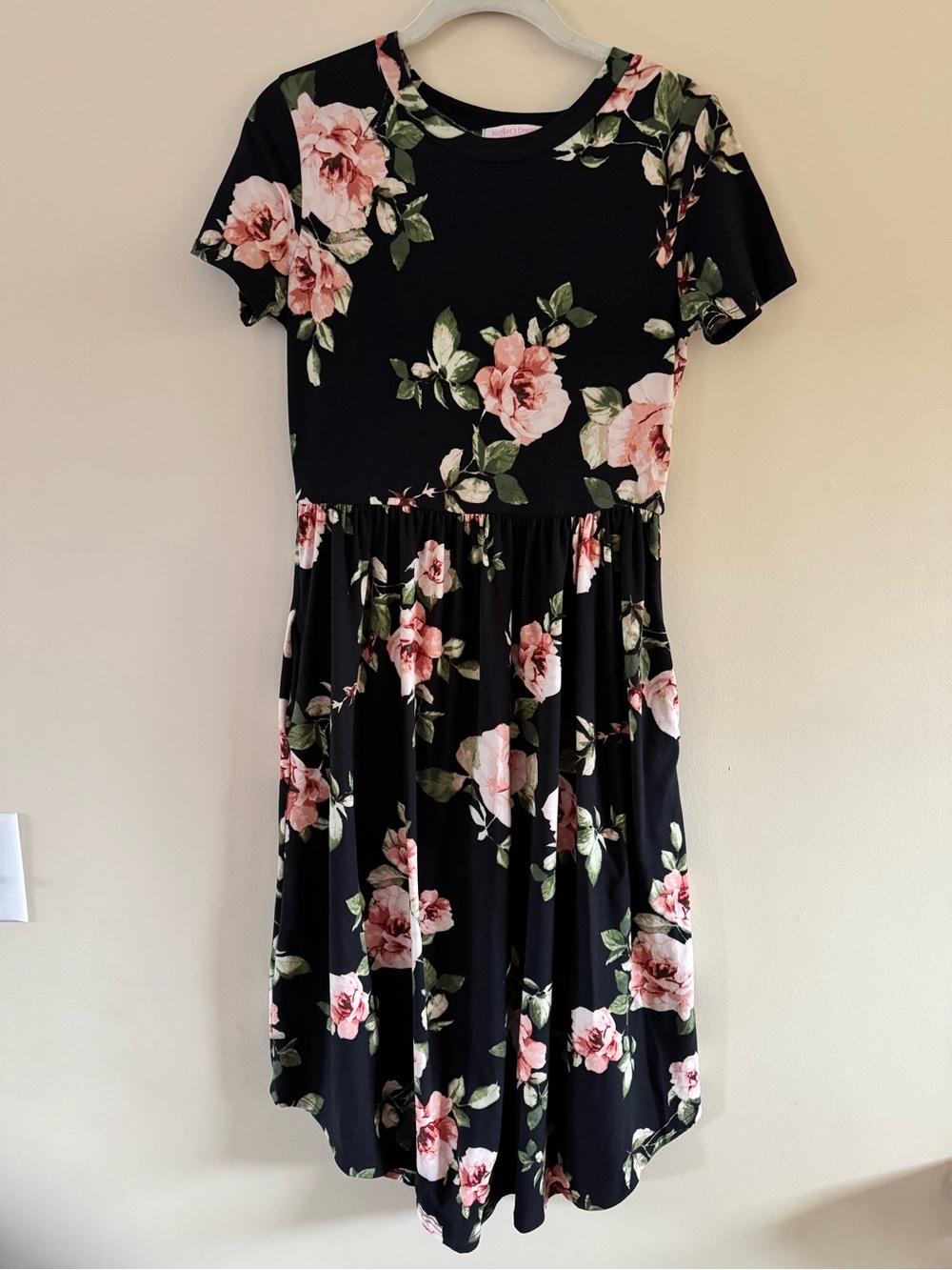 Black Midi Dress with Pink Floral Print